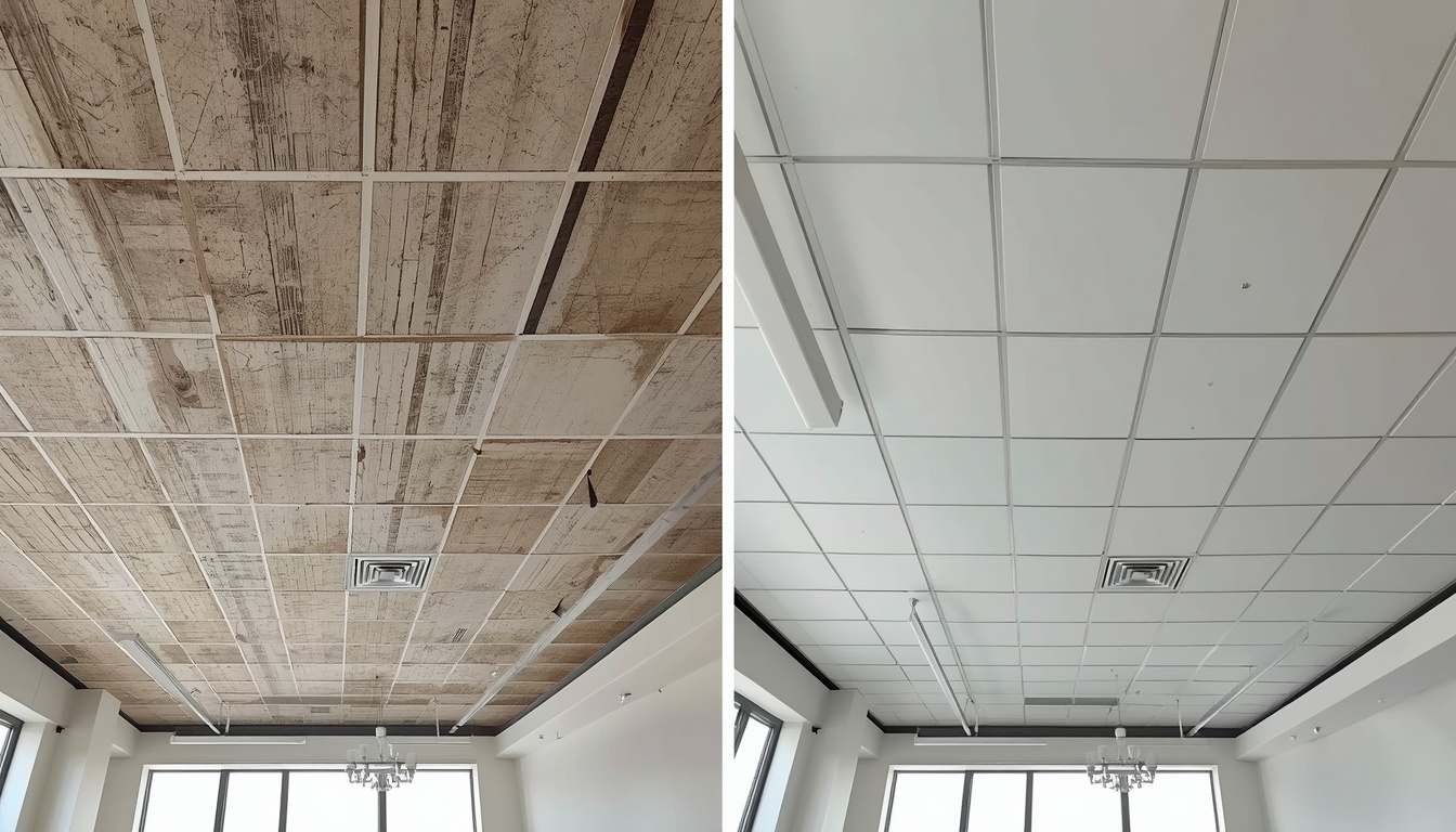 Before and after of a commercial building exposed ceiling upgrade in Chelmsford