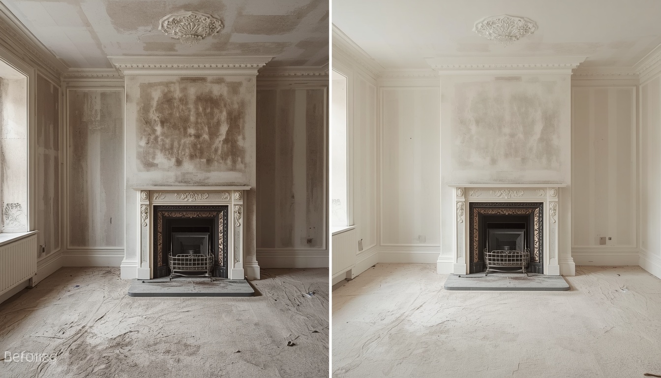 Before and after of an Edwardian house living room drylining in Chelmsford