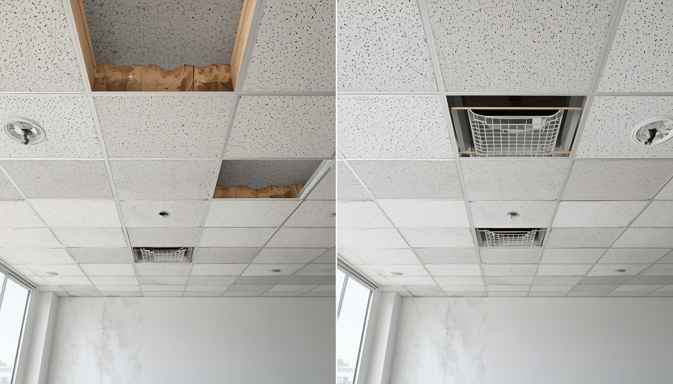 Before and after of an office suspended ceiling installation in Chelmsford waterfront Chelmsford