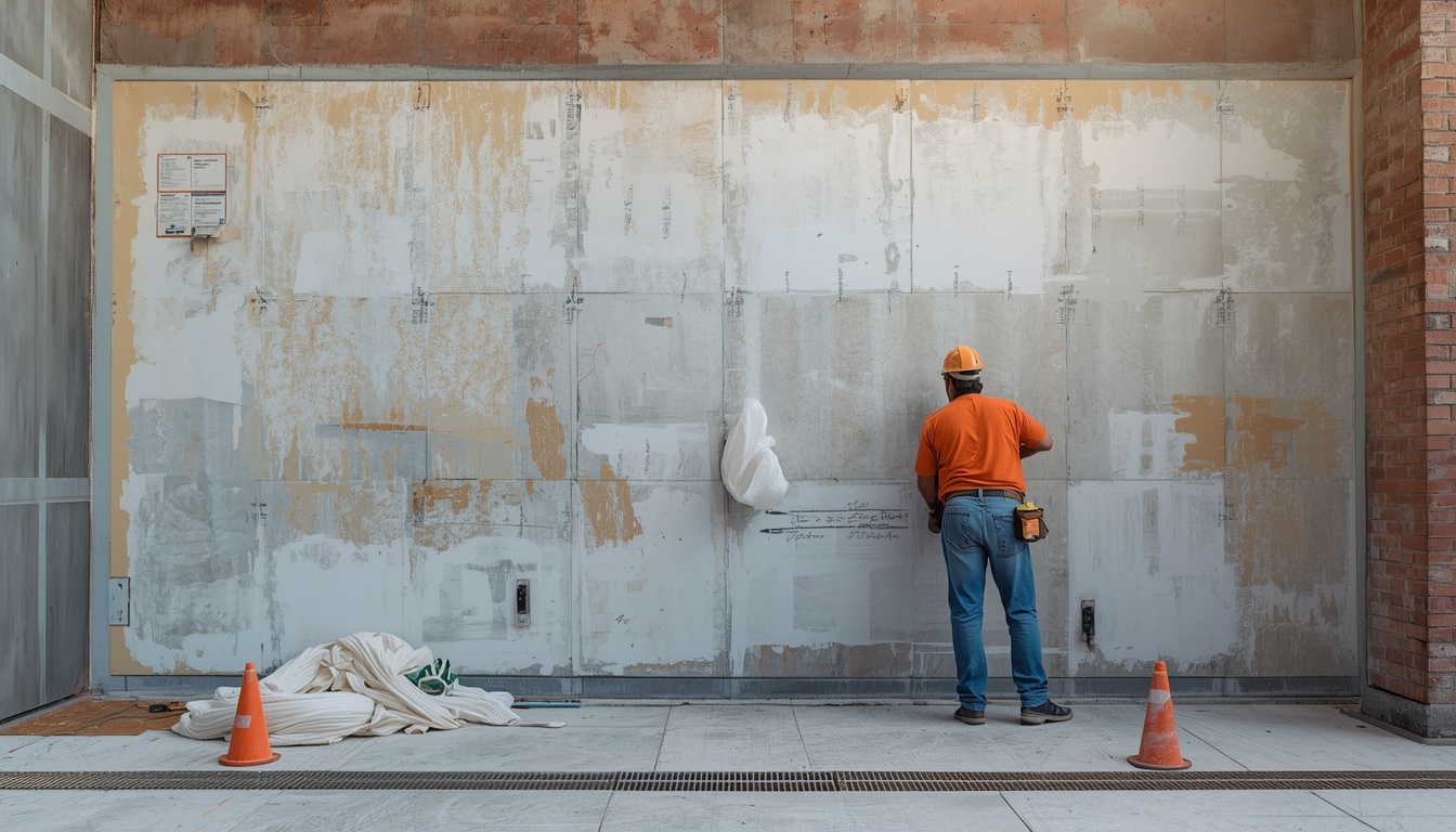 Drylining contractor in hi-vis working on a commercial wall in Chelmsford