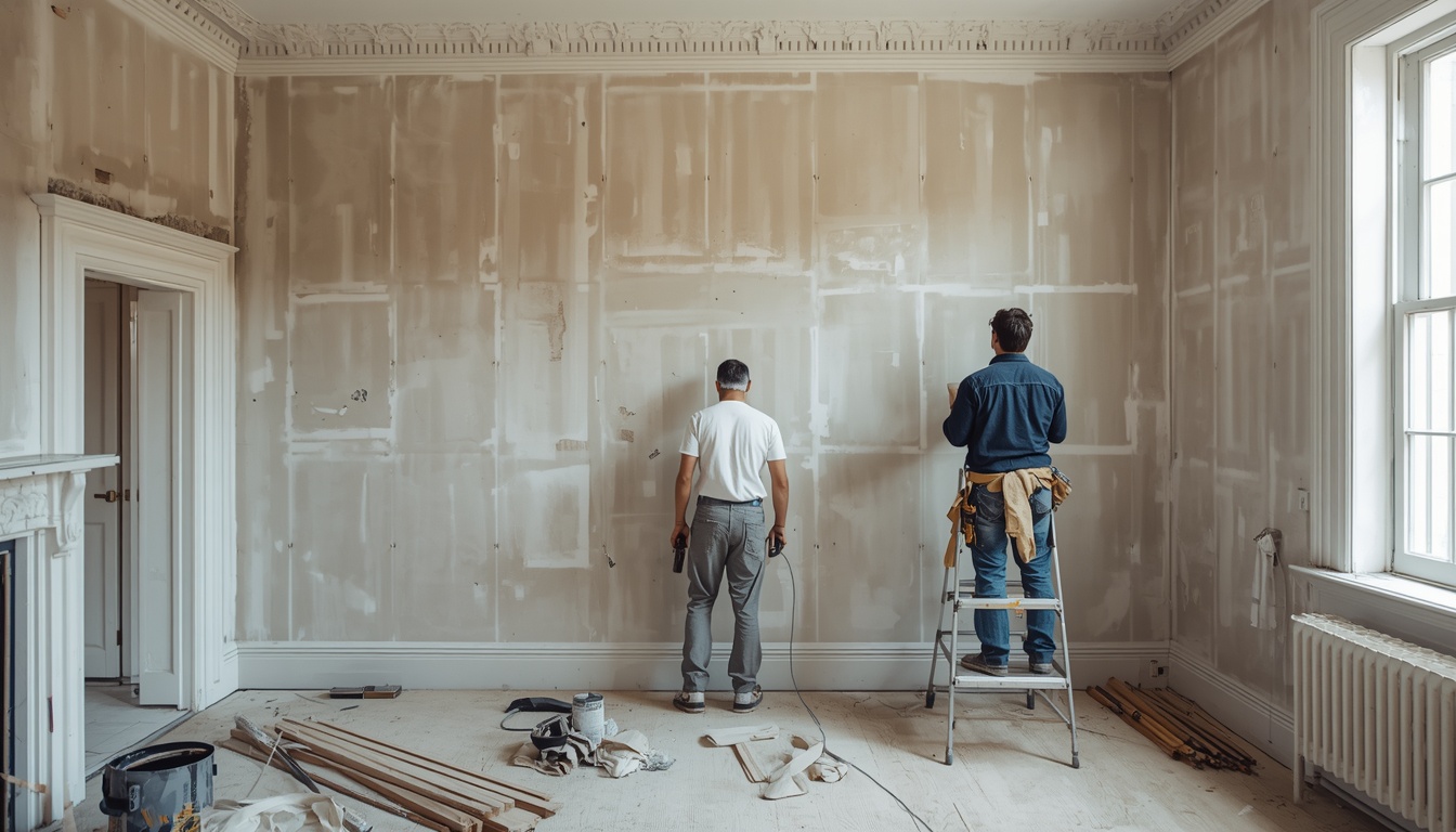 Drylining contractors installing a partition wall in a Victorian house in Chelmsford